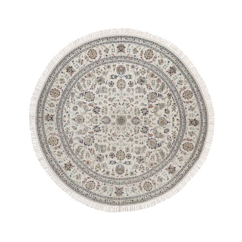 Pearl White, 250 KPSI, Nain with All Over Floral Pattern, Wool and Silk, Hand Knotted, Soft Pile, Round, Oriental 