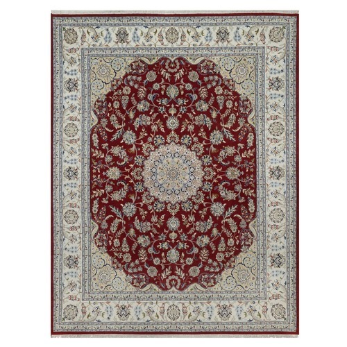Rhubarb Red, Nain with Flower Medallion Design, Hand Knotted, 250 KPSI, Wool and Silk, Soft Pile, Oriental 
