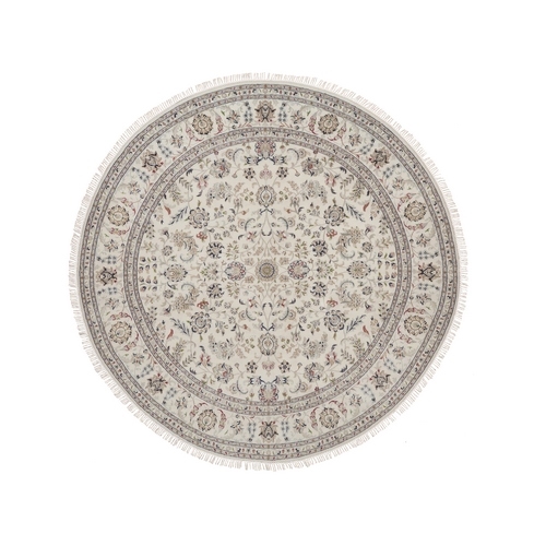 Pearl White, Nain with All Over Flower Design, Hand Knotted, Wool and Silk, 250 KPSI, Soft Pile, Round, Oriental 