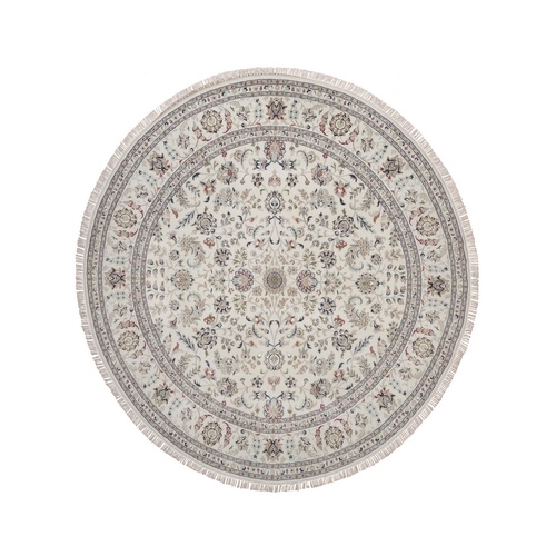 Pearl White, 250 KPSI, Nain with All Over Flower Design, Wool and Silk, Hand Knotted, Soft Pile, Round, Oriental 