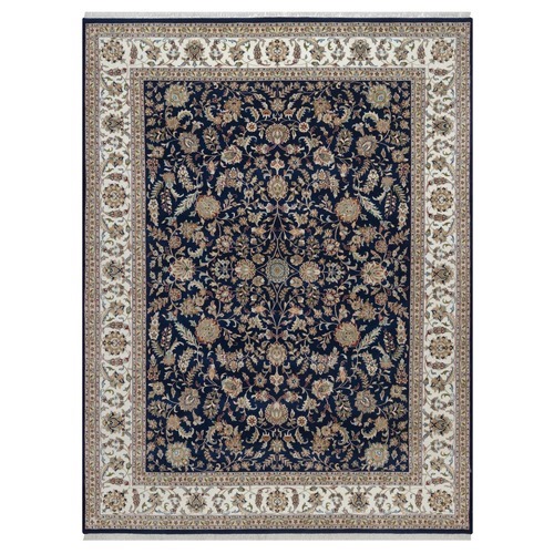 Midnight Blue, Nain with All Over Floral Pattern, Hand Knotted, Wool and Silk, Soft Pile, 250 KPSI, Oriental 