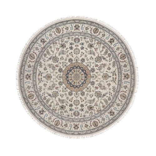 Pearl White, Nain with Flower Medallion Design, Wool and Silk, Hand Knotted, 250 KPSI, Soft Pile, Round, Oriental 