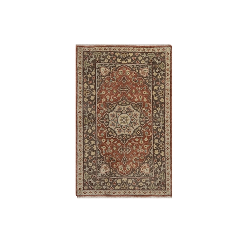 Rust Red with Brown, Tabriz Haja Jalili Re-Creation with Flower Medallion Design, Hand Knotted, Hand Spun New Zealand Wool, Denser Weave, Mat, Sample, Oriental 