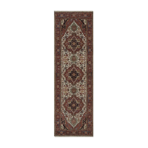 Chiffon White, Antiqued Fine Heriz Re-Creation, Medallions Design, Hand Knotted, Hand Spun New Zealand Wool, Soft Pile, Vegetable Dyes, Runner, Oriental 