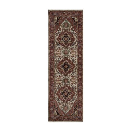Chiffon White, Antiqued Fine Heriz Re-Creation, Medallions Design, Hand Knotted, Hand Spun New Zealand Wool, Soft Pile, Vegetable Dyes, Runner, Oriental 