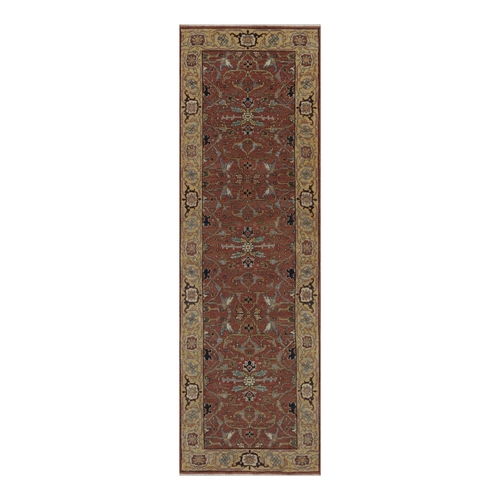 Auburn Red, Antiqued Fine Heriz Re-Creation, All Over Design, Hand Knotted, Hand Spun New Zealand Wool, Soft Pile, Vegetable Dyes, Narrow Runner, Oriental 