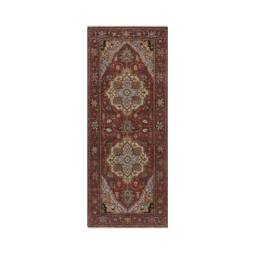 Brick Red, Antiqued Fine Heriz Re-Creation with Medallion Design, Hand Knotted, Hand Spun New Zealand Wool, Denser Weave, Vegetable Dyes, Runner, Oriental 
