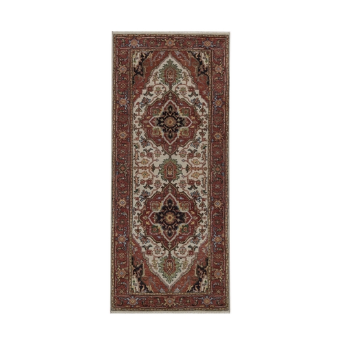 Chiffon White, Antiqued Fine Heriz Re-Creation with Medallions Design, Hand Spun New Zealand Wool, Hand Knotted, Soft Pile, Vegetable Dyes, Runner, Oriental 