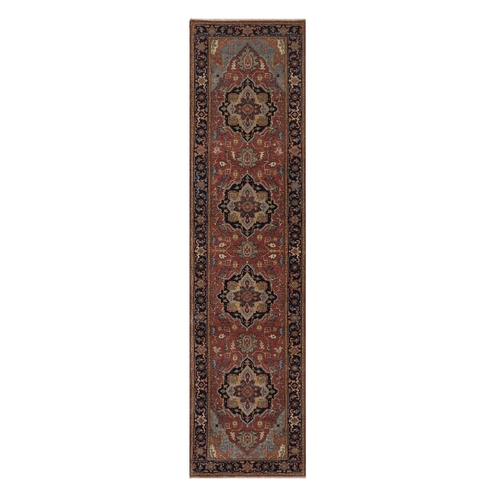 Barn Red, Antiqued Fine Heriz Re-Creation, Medallions Design, Hand Knotted, Hand Spun New Zealand Wool, Denser Weave, Soft Pile, Vegetable Dyes, Runner, Oriental Rug