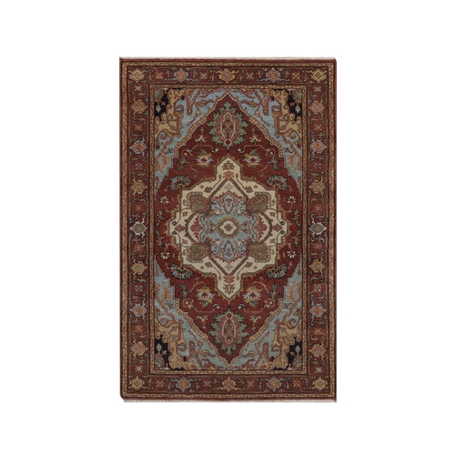 Brick Red, Antiqued Fine Heriz Re-Creation with Medallion Design, Hand Spun New Zealand Wool, Hand Knotted, Denser Weave, Vegetable Dyes, Oriental 