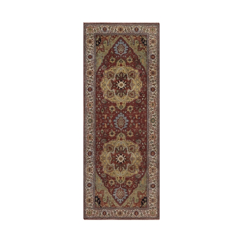 Barn Red, Antiqued Fine Heriz Re-Creation with Medallions Design, Hand Knotted, Hand Spun New Zealand Wool, Denser Weave, Vegetable Dyes, Wide Runner, Oriental 