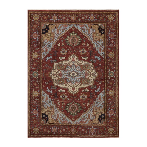 Brick Red, Antiqued Fine Heriz Re-Creation with Medallion Design, Hand Knotted, Hand Spun New Zealand Wool, Denser Weave, Vegetable Dyes, Oriental 