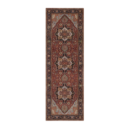 Barn Red, Hand Knotted, Antiqued Fine Heriz Re-Creation, Medallions Design, Hand Spun New Zealand Wool, Denser Weave, Soft Pile, Vegetable Dyes, Wide Runner, Oriental 
