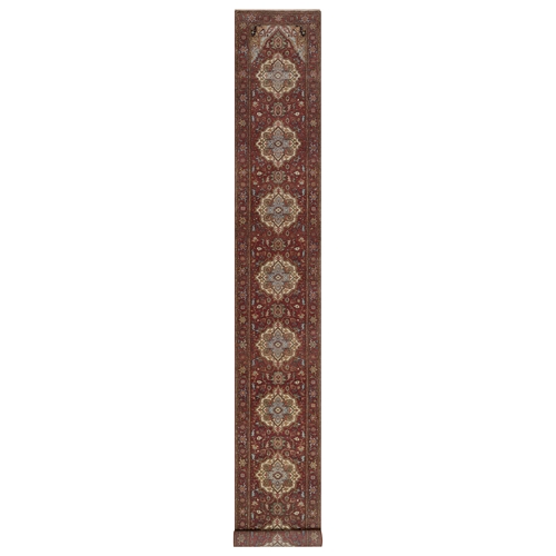 Brick Red, Antiqued Fine Heriz Re-Creation, Medallions Design, Hand Knotted, Hand Spun New Zealand Wool, Denser Weave, Vegetable Dyes, XL Runner, Oriental 