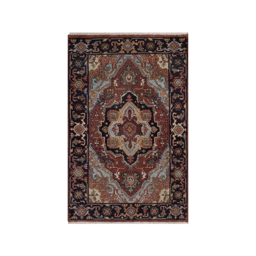 Barn Red, Antiqued Fine Heriz Re-Creation, Medallion Design, Hand Knotted, Hand Spun New Zealand Wool, Soft Pile, Denser Weave, Vegetable Dyes, Sample, Mat, Oriental Rug