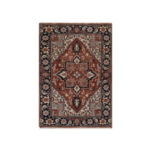 Auburn Red, Antiqued Fine Heriz Re-Creation, Medallion Design, Hand Knotted, Hand Spun New Zealand Wool, Denser Weave, Vegetable Dyes, Sample, Mat, Oriental 