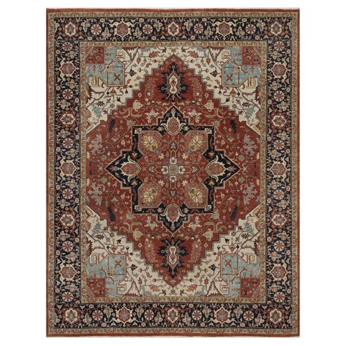 Auburn Red, Antiqued Fine Heriz Re-Creation, Medallion Design, Hand Spun New Zealand Wool, Hand Knotted, Denser Weave, Vegetable Dyes, Oriental 