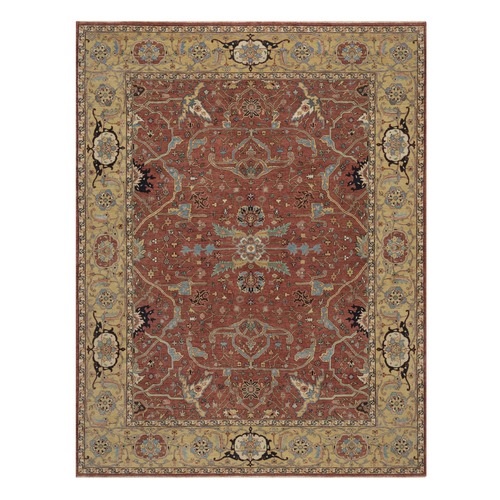 Auburn Red, Antiqued Fine Heriz Re-Creation, All Over Design, Hand Spun New Zealand Wool, Hand Knotted, Soft Pile, Vegetable Dyes, Oriental 