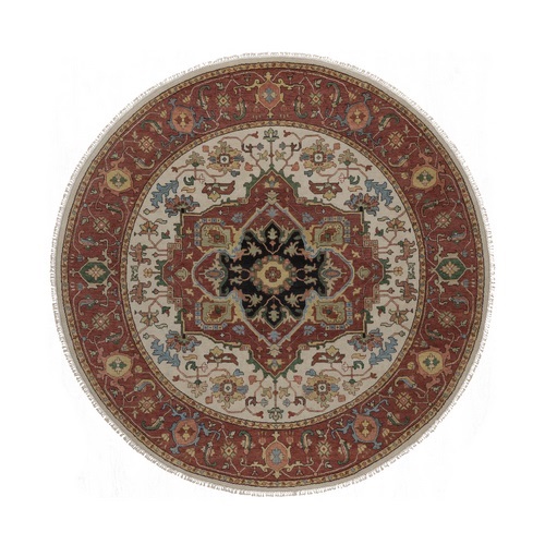 Chiffon White, Antiqued Fine Heriz Re-Creation, Medallion Design, Hand Knotted, Hand Spun New Zealand Wool, Soft Pile, Vegetable Dyes, Round, Oriental 