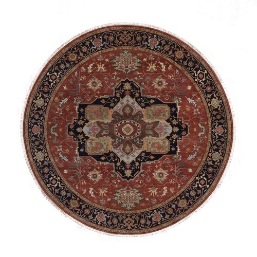 Barn Red, Antiqued Fine Heriz Re-Creation, Medallions Design, Hand Spun New Zealand Wool, Hand Knotted, Denser Weave, Soft Pile, Vegetable Dyes, Round, Oriental Rug