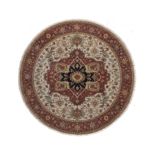 Chiffon White, Antiqued Fine Heriz Re-Creation with Medallion Design, Hand Knotted, Hand Spun New Zealand Wool, Soft Pile, Vegetable Dyes, Round, Oriental 