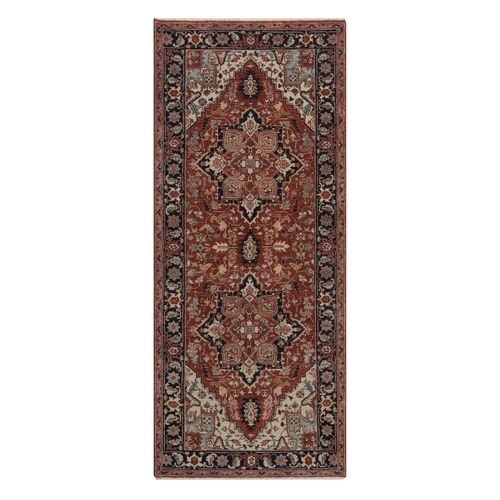Auburn Red, Antiqued Fine Heriz Re-Creation, Medallions Design, Hand Knotted, Hand Spun New Zealand Wool, Denser Weave, Vegetable Dyes, Runner, Oriental 