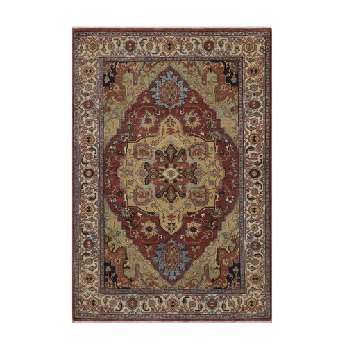 Barn Red, Hand Knotted, Antiqued Fine Heriz Re-Creation with Medallion Design, Hand Spun New Zealand Wool, Denser Weave, Vegetable Dyes, Oriental 