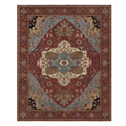 Brick Red, Antiqued Fine Heriz Re-Creation with Medallion Design, Hand Knotted, Hand Spun New Zealand Wool, Denser Weave, Vegetable Dyes, Oriental 
