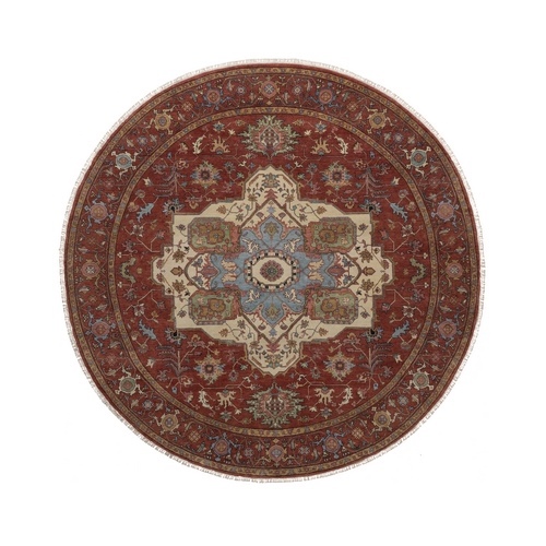 Brick Red, Antiqued Fine Heriz Re-Creation with Medallion Design, Hand Knotted, Hand Spun New Zealand Wool, Denser Weave, Vegetable Dyes, Round, Oriental 