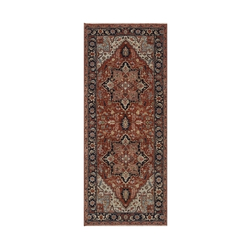Auburn Red, Antiqued Fine Heriz Re-Creation, Medallions Design, Hand Knotted, Hand Spun New Zealand Wool, Denser Weave, Vegetable Dyes, Runner, Oriental 