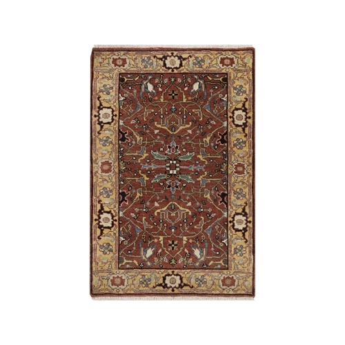 Auburn Red, Antiqued Fine Heriz Re-Creation, All Over Design, Hand Knotted, Hand Spun New Zealand Wool, Soft Pile, Vegetable Dyes, Sample, Mat, Oriental 
