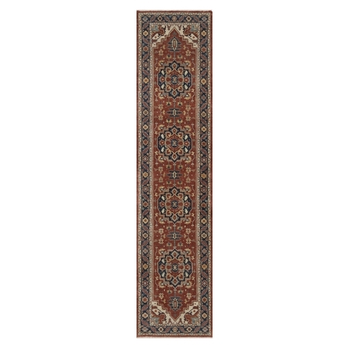 Auburn Red, Antiqued Fine Heriz Re-Creation, Medallions Design, Hand Spun New Zealand Wool, Hand Knotted, Vegetable Dyes, Soft Pile, Denser Weave, Narrow Runner, Oriental 