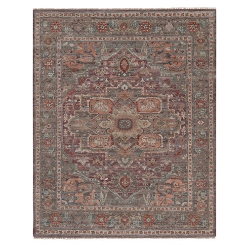 Wine Red, Heriz Revival with Large Medallion, Vegetable Dyes, Hand Knotted, Soft Wool, Thick and Plush, Oriental Rug