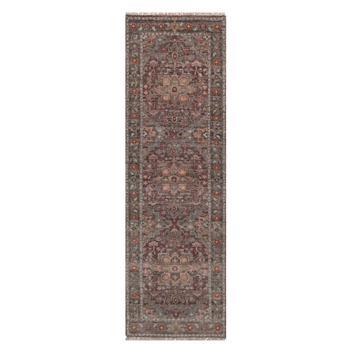 Wine Red, Heriz Revival with Geometric Medallions, Vegetable Dyes, Hand Knotted, Soft Wool, Thick and Plush, Runner, Oriental Rug