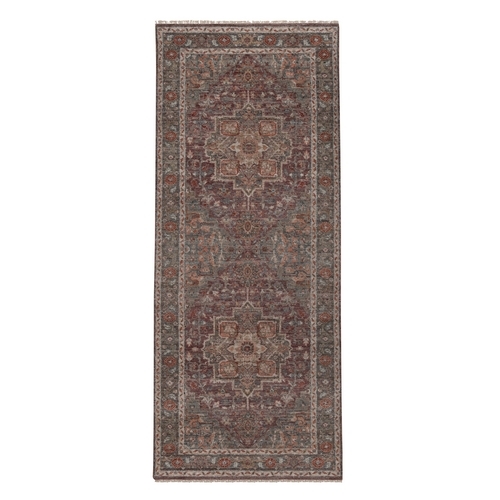 Wine Red, Heriz Revival with Geometric Medallions, Hand Knotted, Soft Wool, Vegetable Dyes, Thick and Plush, Wide Runner, Oriental Rug