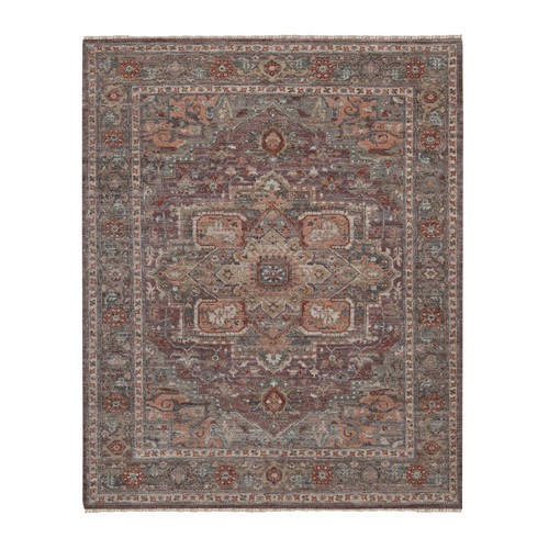 Wine Red, Heriz Revival with Large Medallion, Vegetable Dyes, Hand Knotted, Soft Wool, Thick and Plush, Oriental Rug
