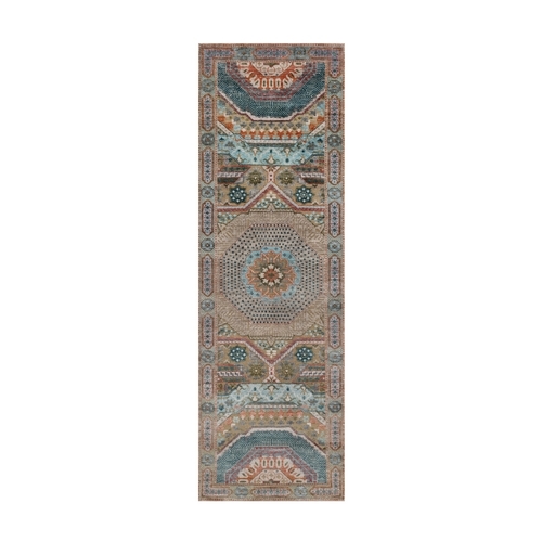 Lark Brown, Mamluk Design with Star Medallion Textured Wool and Silk, Hand Knotted, Runner, Oriental 