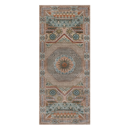 Lark Brown, Mamluk Design with Geometric Medallion, Textured Wool and Silk, Hand Knotted, Runner, Oriental 
