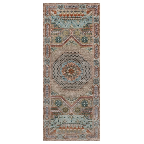 Lark Brown, Mamluk Design with Geometric Medallion, Textured Wool and Silk, Hand Knotted, Runner, Oriental 