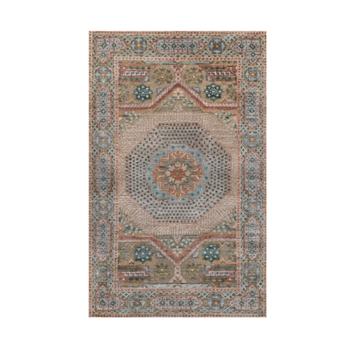 Lark Brown, Mamluk Design with Geometric Medallion, Hand Knotted, Textured Wool and Silk, Oriental 