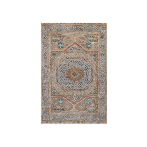 Lark Brown, Mamluk Design with Star Medallion, Textured Wool and Silk, Hand Knotted, Sample, Mat, Oriental 