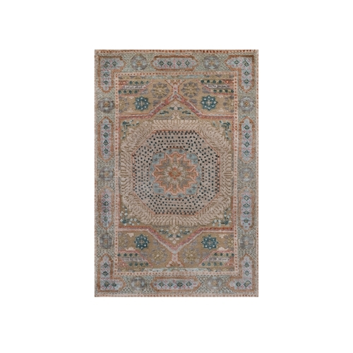 Lark Brown, Hand Knotted, Mamluk Design with Geometric Medallion, Textured Wool and Silk, Mat, Sample, Oriental 