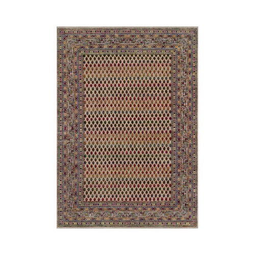 Colorful, Sarouk Mir Inspired with Repetitive Boteh Design, Hand Knotted, Wool and Sari Silk, Oriental Rug