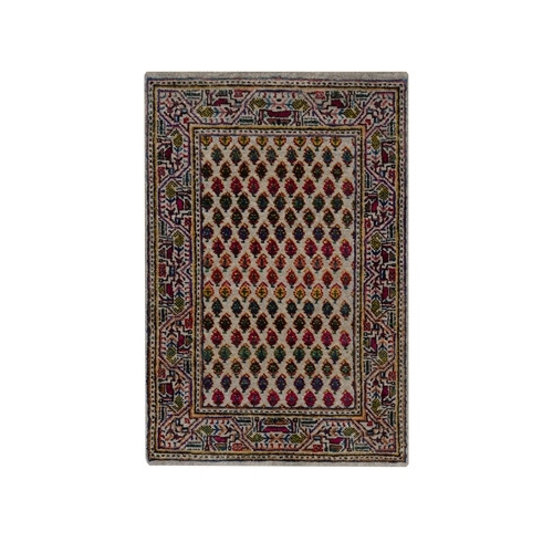 Colorful, Sarouk Mir Inspired with Repetitive Boteh Design, Wool and Sari Silk, Hand Knotted, Sample, Mat, Oriental Rug