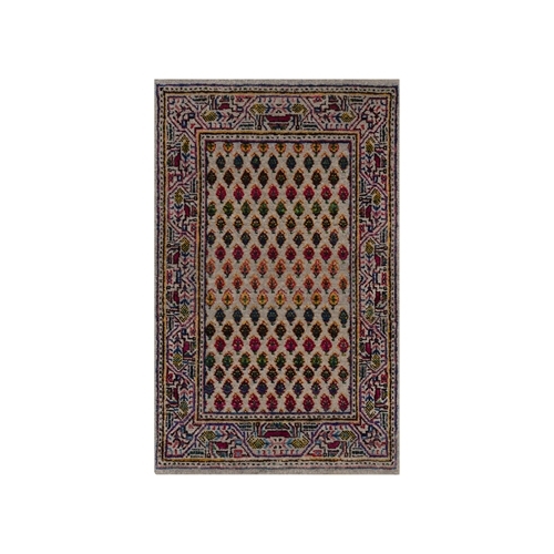 Colorful, Wool and Sari Silk, Sarouk Mir Inspired with Repetitive Boteh Design, Hand Knotted, Mat, Sample, Oriental Colorful, Wool and Sari Silk, Sarouk Mir Inspired with Repetitive Boteh Design, Hand Knotted, Mat, Sample, Oriental