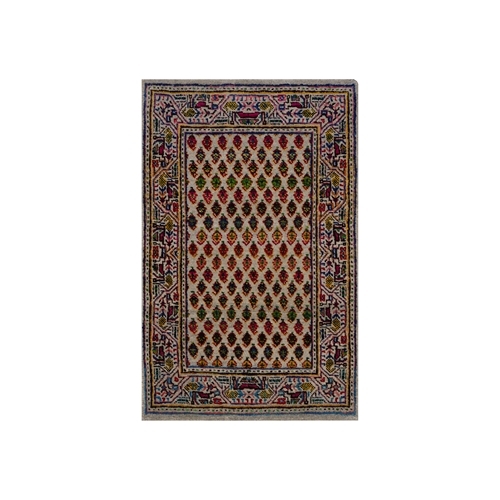 Colorful, Sarouk Mir Inspired with Repetitive Boteh Design, Hand Knotted, Wool and Sari Silk, Mat, Sample, Oriental Rug