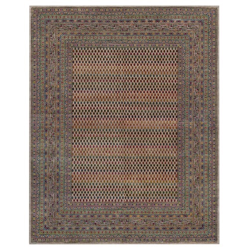 Colorful, Hand Knotted, Sarouk Mir Inspired with Repetitive Boteh Design, Wool and Sari Silk, Oriental Rug