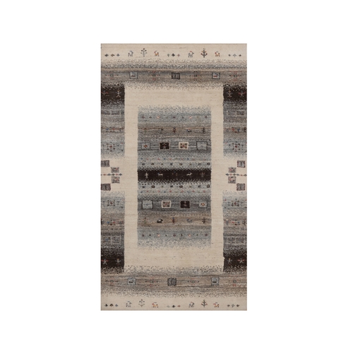 Parchment White, Thick and Plush, Lori Buft Gabbeh with Small Animal and Human Figurines, Modern, Pure Wool, Hand Knotted, Oriental 