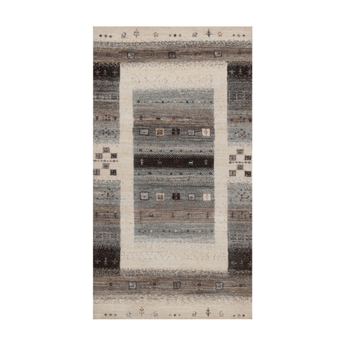 Parchment White, Hand Knotted, Lori Buft Gabbeh with Small Animal and Human Figurines, Modern, Pure Wool, Thick and Plush, Oriental 
