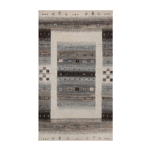 Parchment White, Thick and Plush, Lori Buft Gabbeh with Small Animal and Human Figurines, Modern, Pure Wool, Hand Knotted, Oriental 